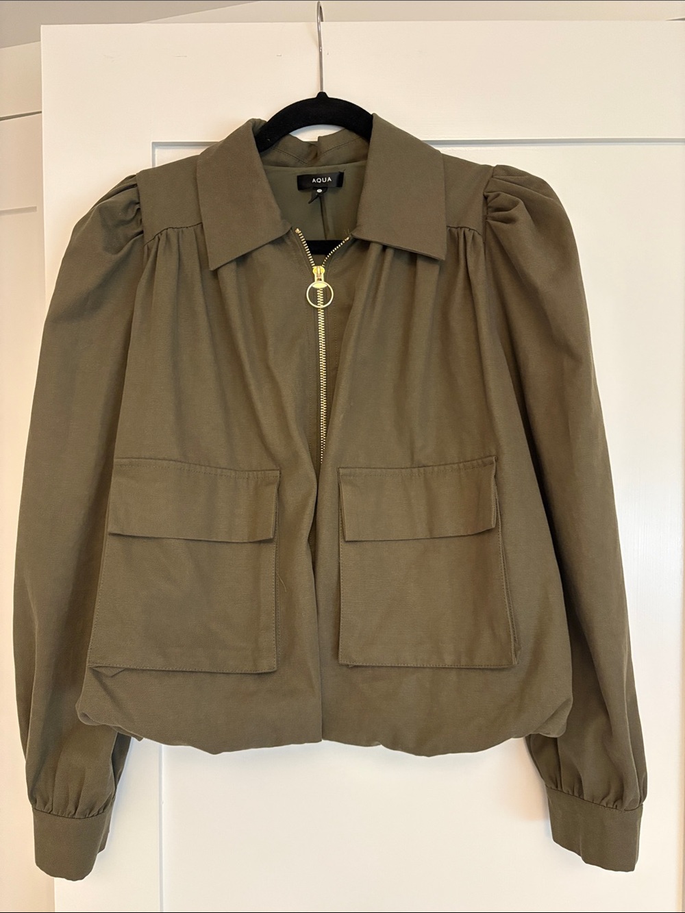 Aqua Olive Green Puff-Sleeve Utility Jacket with Gold Zipper
